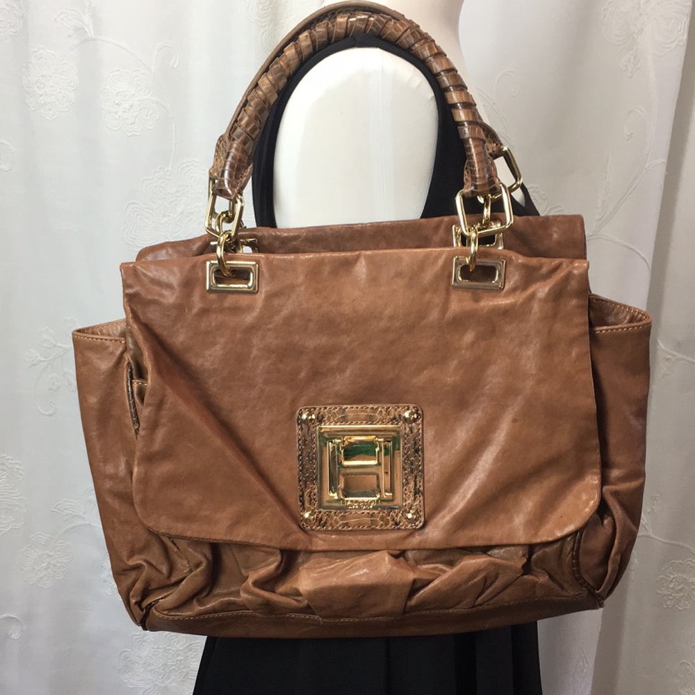 Halston Heritage brown leather tote bag shoulder handbag pure snakeskin gold